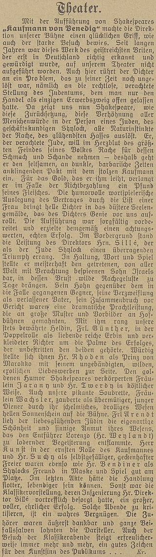 Divadelní recenze k uvedení Shakespearova Kupce benátského v českobudějovickém divadle, kde si zahrál hlavní roli Shylocka, s výkladem hry autora, kterého prý jako první pochopili Němci