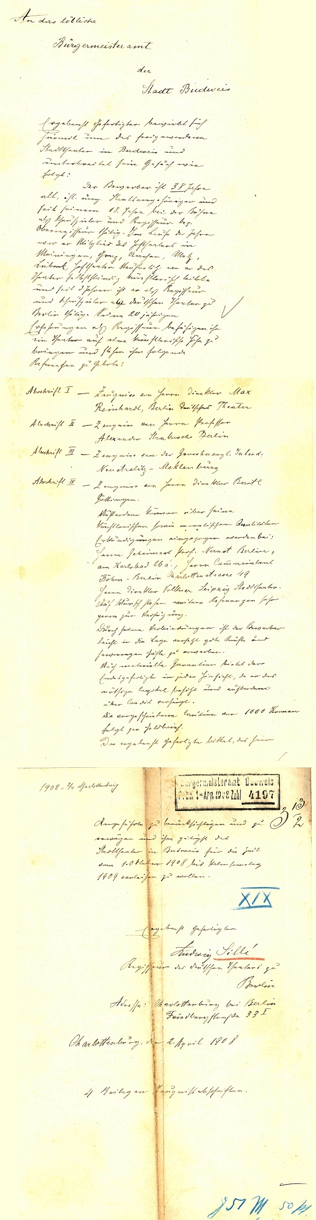 Jeho dopis českobudějovické městské radě z dubna 1908, z něhož vyplývá, že byl pravděpodobně ročník narození 1870