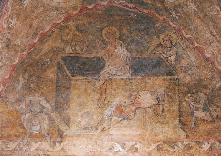 Freska Vzkříšení v sakristii záblatského kostela pochází ze 14. století