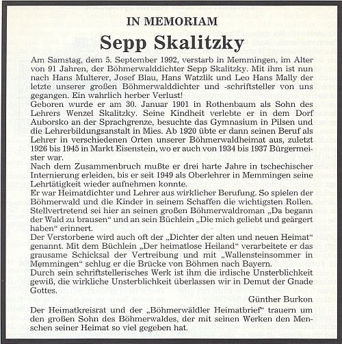 Parte, jehož text napsal Günther Burkon a v němž se připomínají i léta, kdy byl za republiky starostou Železné Rudy