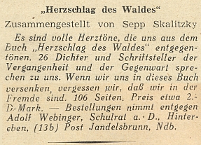 Inzerce Antona Webingera na knihu "Herzschlag des Waldes", kterou Skalitzky sestavil a která vyšla brzy po odsunu - "Když se do knihy ponoříme, zapomeneme, že jsme v cizině", praví inzerát