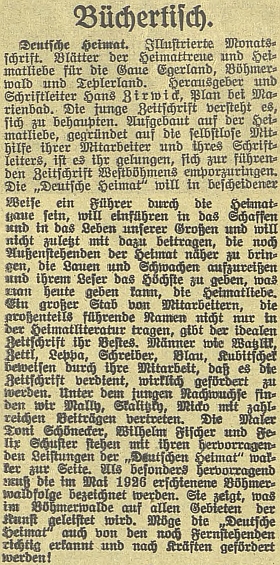 Tady nikdo jiný nežli Sepp Skalitzky doporučuje na stránkách českobudějovického německého listu Zirwickem vydávaný a vedený ilustrovaný měsíčník "Deutsche Heimat" s podtitulem "Listy domovské věrnosti a domovské lásky pro župy Chebsko, Šumava, Český les a Tepelsko"