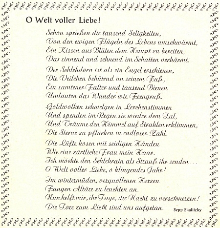 Jeho báseň oslovující "svět plný lásky" se tu ocitla na titulní straně velikonočního čísla krajanského měsíčníku v dubnu 1953 v dekorativní typografické úpravě