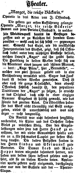 Recenze jediného uvedení Offenbachovy opery buffo "Pekařka má tolary" v českých zemích, kde Skriwanek rovněž exceloval