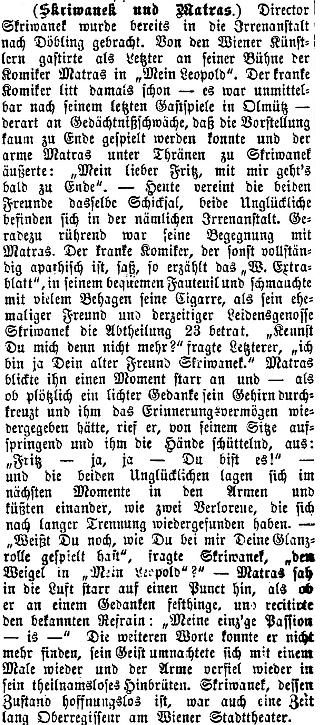 Srovnání jeho konce s osudem proslulého komika Matrase (1832-1887) na stránkách olomouckého německého listu