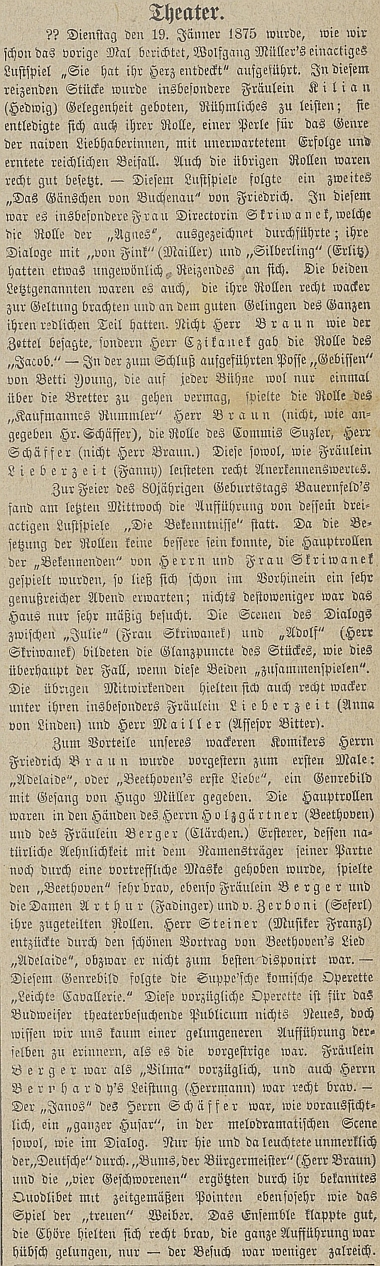 Článek v českobudějovickém německém listu z ledna roku 1875 zmiňuje její i manželovy role