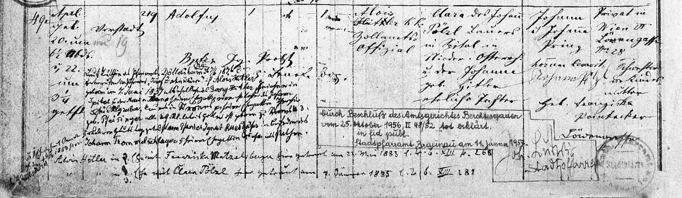 Matriční záznam o narození Adolfa Hitlera (s příjmením to nebylo zřejmě nijak jasné a za mrtvého byl prohlášen soudem v Berchtesgadenu teprve v říjnu 1956)