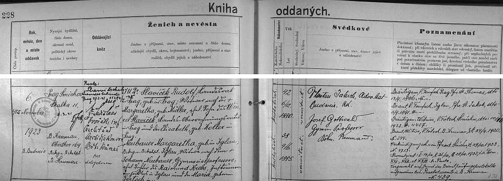Záznam v českobudějovické "Knize oddaných" o jeho svatbě s Margarethou Neubauerovou uvádí příjmení česky psané, což ovšem napravuje přípis z února roku 1941