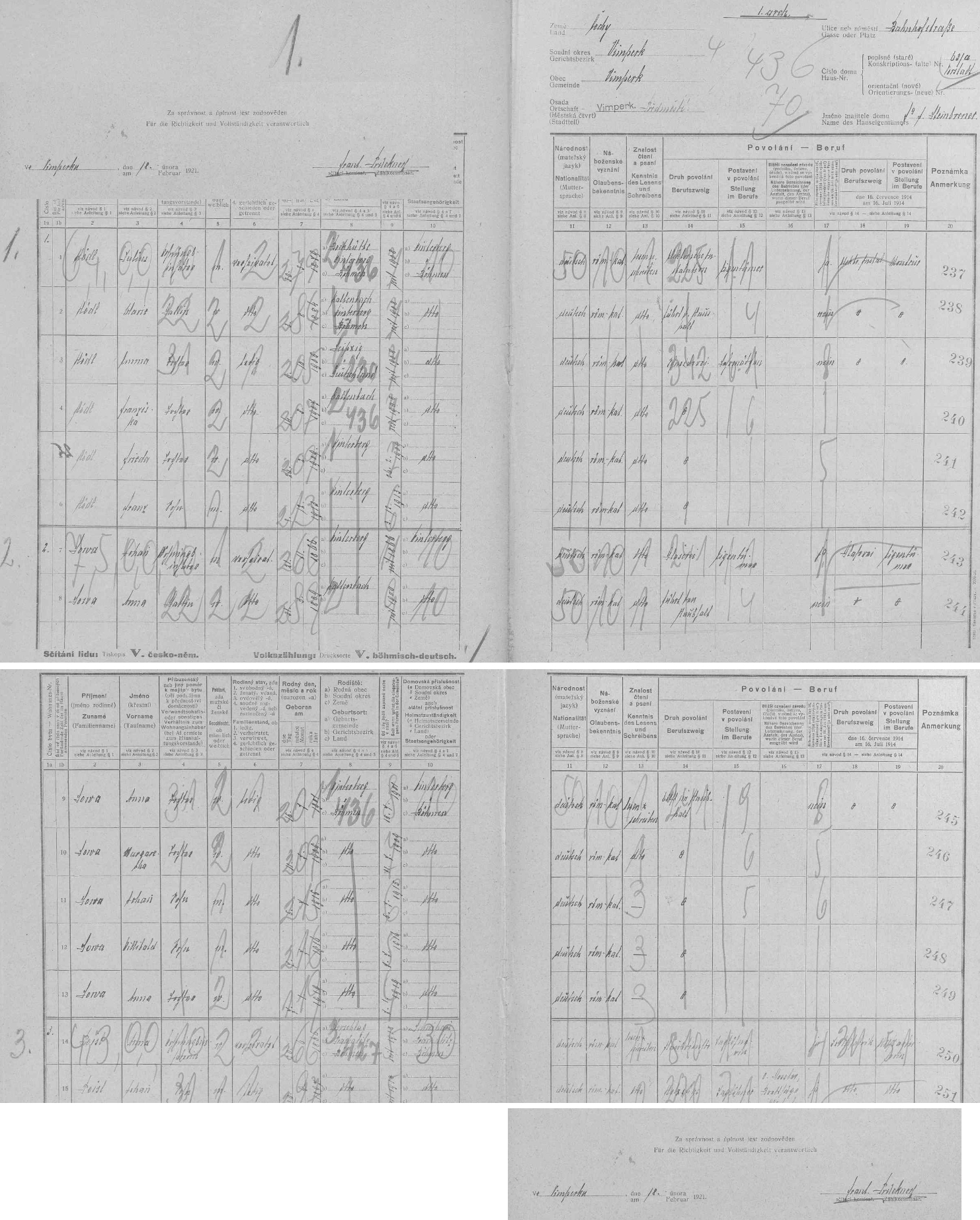 Arch sčítání lidu z roku 1921 pro dům čp. 63a ve vimperské Nádražní ulici, kde bydlila s rodiči i její maminka Margaretha, narozená v roce 1909