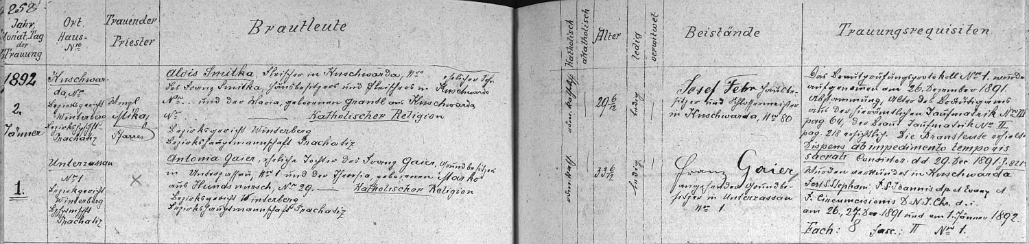 Záznam kunžvartské oddací matriky o zdejší svatbě jeho bratra Aloise