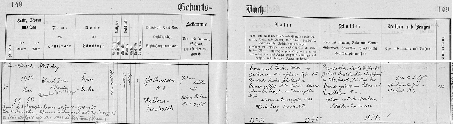 Záznam křestní matriky farní obce České Žleby o narození matčině v Dobré na Šumavě čp. 7 s přípisem o její svatbě roku 1934 a o vystoupení z římskokatolické církve v roce 1943