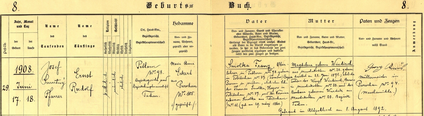 Záznam křestní matriky farní obce Pořejov o narození otcově (křtil ho v Pořejově farář Josef Smutný) v politické obci Žebráky čp. 98