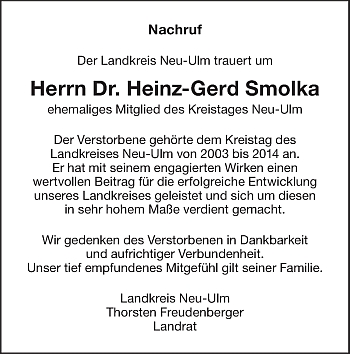 Smuteční oznámení krajského zastupitelstva Neu-Ulm
