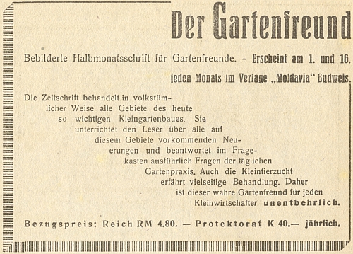 Inzerát na "jeho" časopis v budějovickém kalendáři nakladatelství "Moldavia" na rok 1943