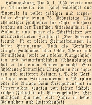 Přání k jeho pětasedmdesátinám na stránkách krajanského měsíčníku v lednu roku 1955