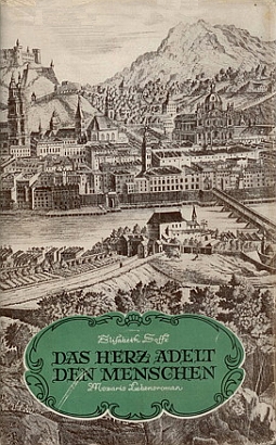 Obálka (1948) jejího "mozartovského" románu "Das Herz adelt den Menschen" z Volksbuchverlag ve Vídni