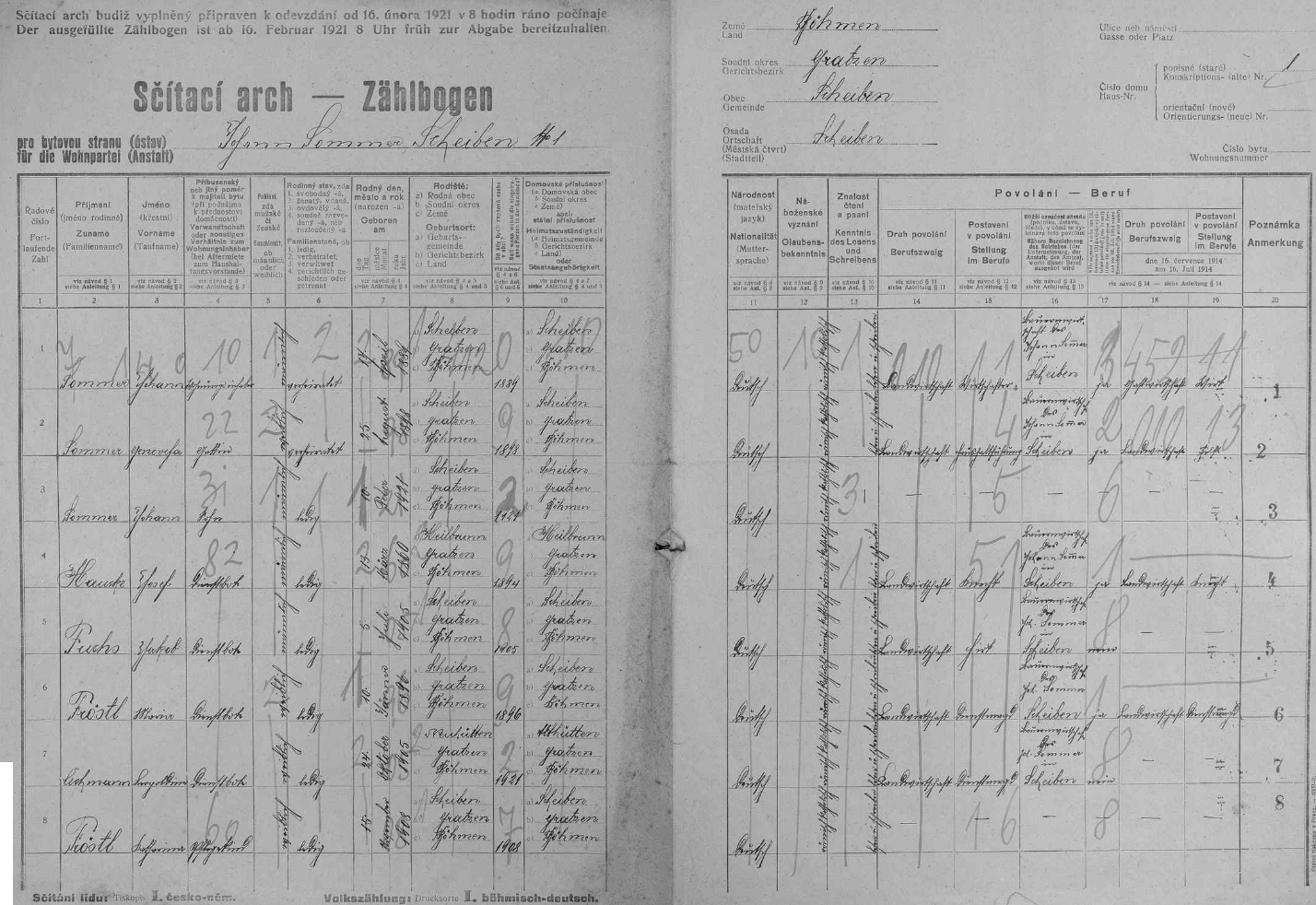 Arch sčítání lidu z roku 1921, kdy se v únoru narodil, pro usedlost Sommerovu v Šejbech čp. 1