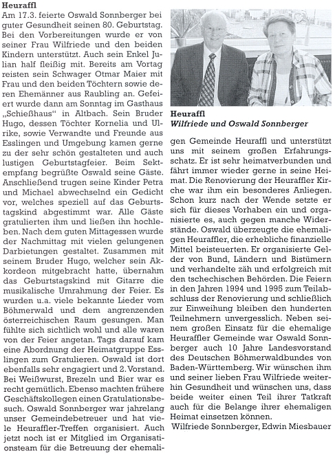 Článek, jehož spoluautorem je Edwin Miesbauer, vyšel v krajanském časopise k Sonnbergerovým osmdesátinám a provází ho oslavencova podobenka i s manželkou Wilfriede