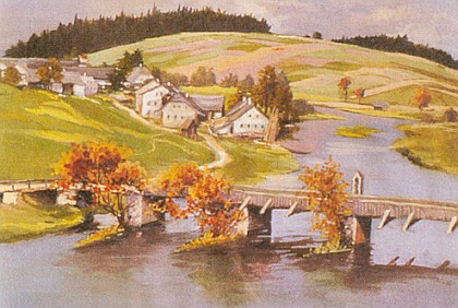 Někdejší frymburský most u Frýdavy (dnes Předmostí)
na malbě Adalberta Sackmauera