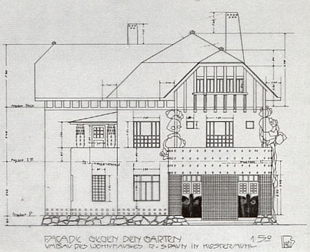 Návrh Leopolda Bauera z roku 1903 na exteriér Spaunovy vily a interiér její haly v Klášterském Mlýně