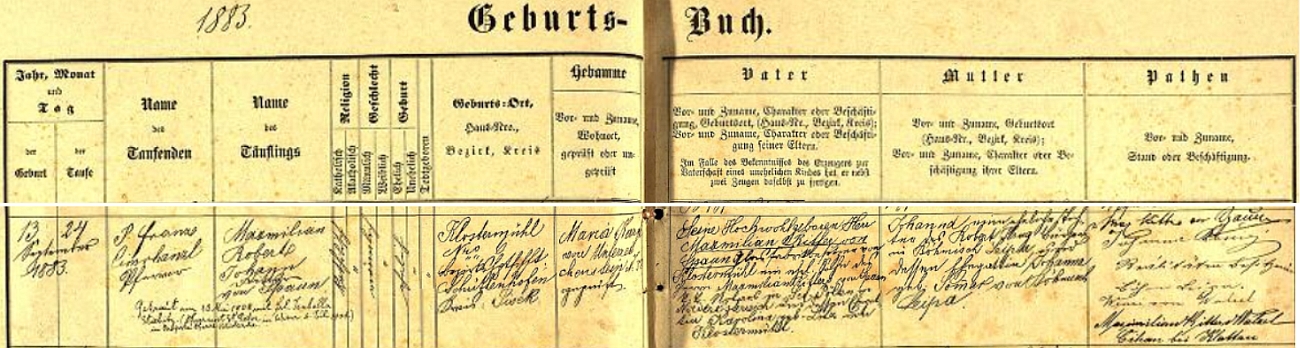 Záznam rejštejnské křestní matriky o narození jeho syna Maxmiliana Roberta dne 13. září roku 1883 v Klášterském Mlýně s pozdějším přípisem o jeho vídeňské svatbě se Isabellou Stiebitzovou