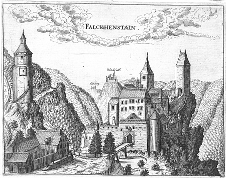 Hrad Falkenstein na rytině Georga Matthäuse Vischera (1628-1696) z roku 1674...