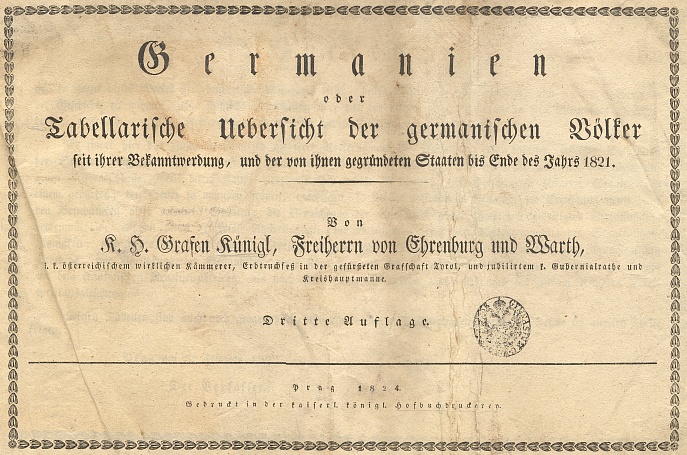 Titulní list (1824) třetího už vydání názorného přehledu dějin německy mluvících zemí (včetně Čech) v synchronických tabulích,
 vyšlého v Praze v roce úmrtí Kaspara Hermanna Künigla, Spiessova mecenáše