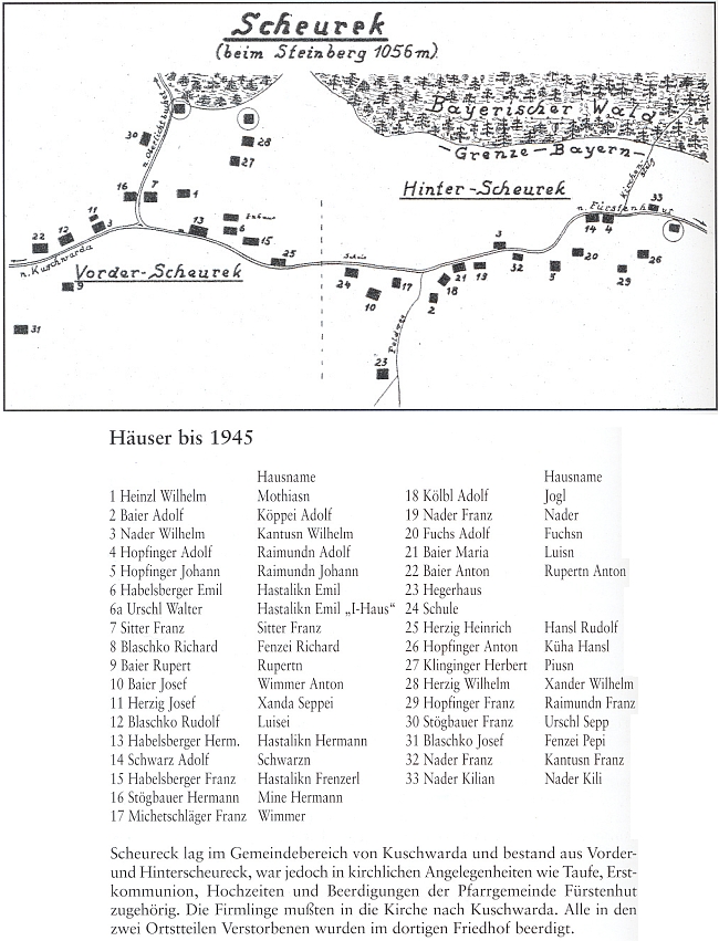 Plánek vsi Scheurek se seznamem majitelů stavení do roku 1945