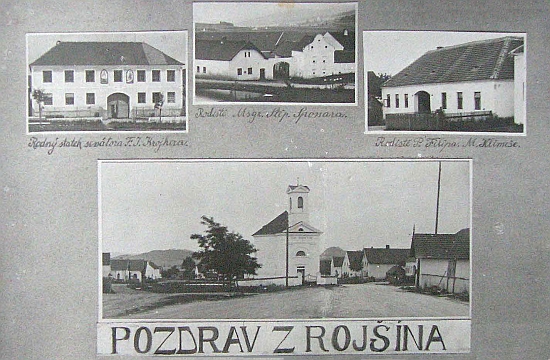 Stará pohlednice Rojšína zachycuje rodný dům jeho i Philippa Klimesche