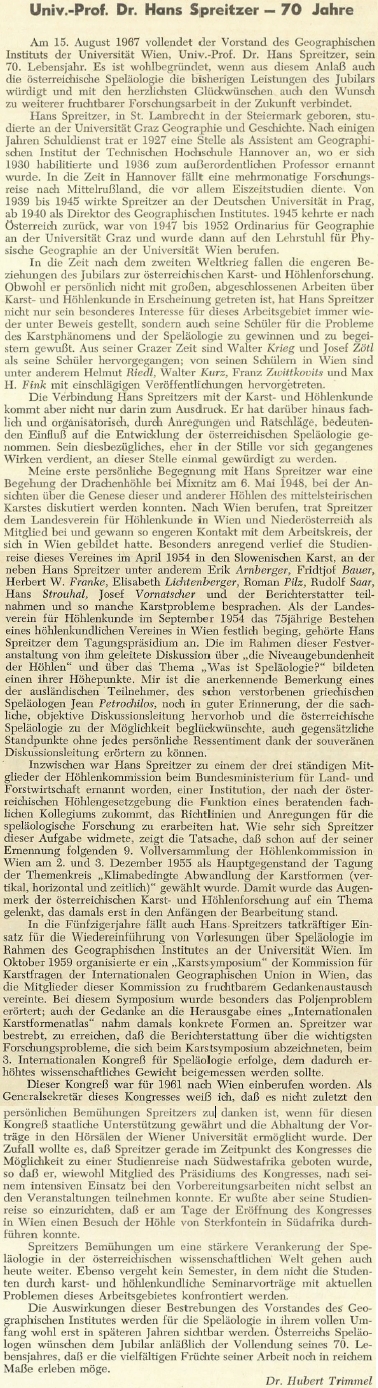 Pozdrav k sedmdesátinám na stránkách spolkového zpravodaje rakouských speleologů