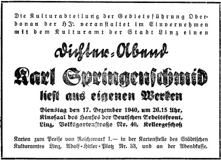 Pozvánka k jeho autorskému čtení v Linci roku 1940 od územního vedení Hitlerjugend župy Oberdonau, kam tehdy příslušela jižní Šumava