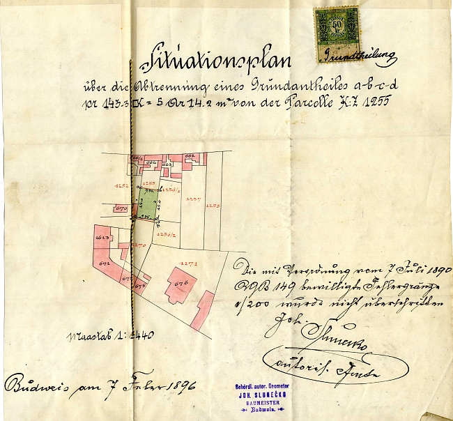 Situační plánek parcely jeho domu v Riegrově ulici 1802/13, který vyhotovil Johann Slunečko,
provází kupní smlouvu z února roku 1896