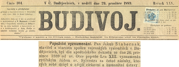 Zpráva listu Budivoj o jeho papežském vyznamenání