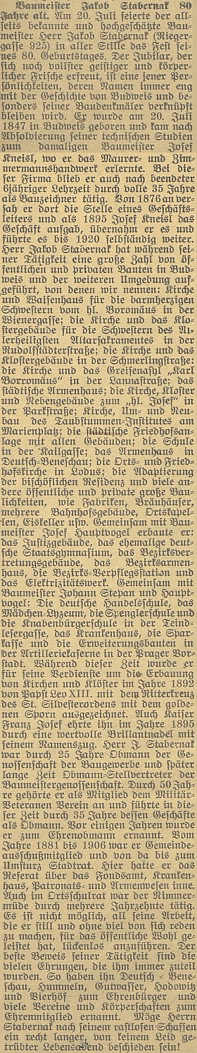 Pozdrav k jeho osmdesátinám na stránkách Budweiser Zeitung je provázen podrobným přehledem jeho stavebních realizací