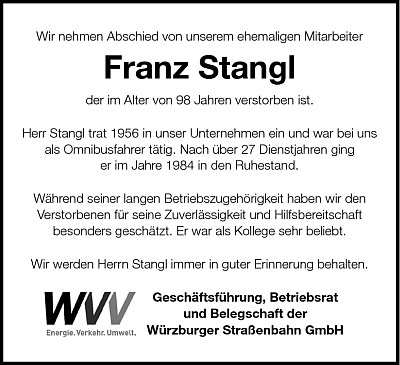 Parte a smuteční oznámení městského dopravního podniku ve Würzburgu