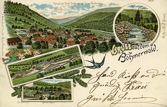 Na malované pohlednici Rejštejna je škola vpravo vedle kulatého výřezu z Povydří