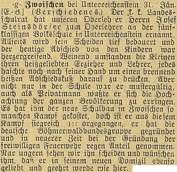 Zpráva o jeho jmenování řídícím učitelem v Rejštejně v českobudějovickém německém listu