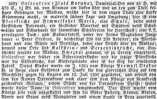 Zmínka o jeho zlatokorunské továrně ve statistickém a topografickém popisu Království českého