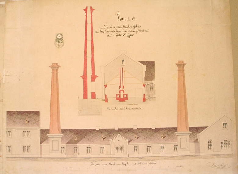 Plány na výstavbu nové Steffensovy továrny zřejmě v Českých Budějovicích asi z roku 1870, k realizaci nedošlo