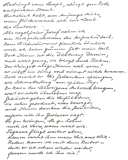 Rukopis jeho básně, věnované v roce 1962 Wilhelmu Lehmannovi (1882-1968) k jeho osmdesátinám (významný autor byl rodákem z Venezuely, kde jeho otec působil jako obchodník)