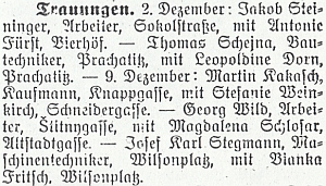 Zpráva o svatbě jeho rodičů v prosinci 1922 na stránkách budějovického německého tisku...