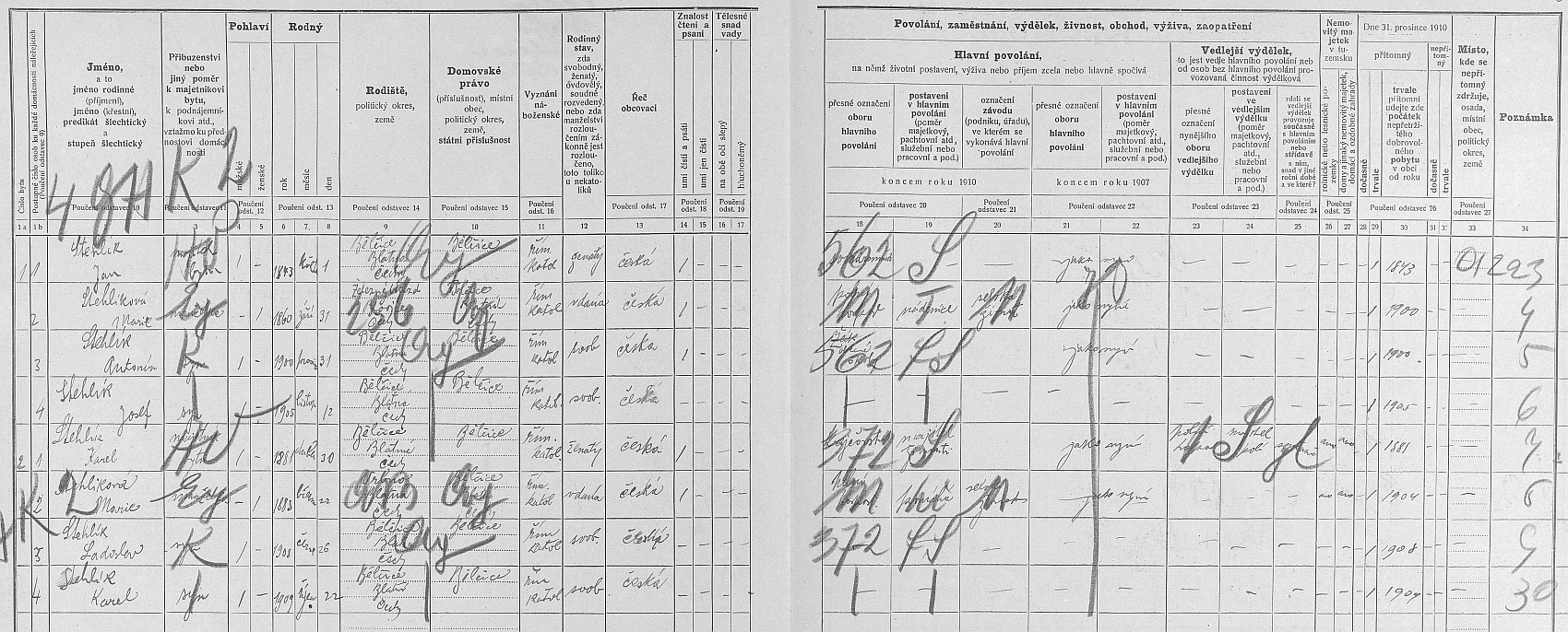 Arch sčítání lidu z roku 1910 s rodinou Stehlíkovou včetně něho