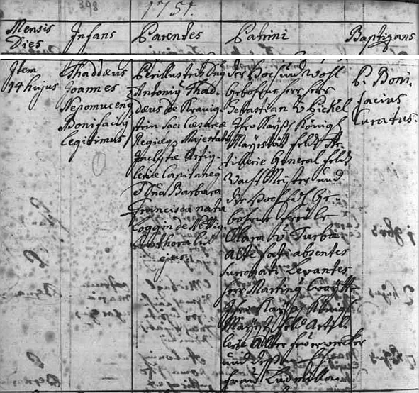 Obsáhlý latinsky psaný záznam v matrice města Rožmberk nad Vltavou dokládá, že byl ve zdejším kostele sv. Mikuláše pokřtěn 14. listopadu 1751 jménem psaným tu "Thaddaeus Joannes Nepomucenus Bonifacius (de Kranigstein)" - otec, zapsaný jménem "Antonius Thaddaeus de Kranigstein" byl dělostřeleckým kapitánem Jejího císařského Veličenstva (Marie Terezie), matka Barbara Francisca byla roz. "Loggin de Nettig", což má být přepis rodového jména "Logová z Netky"