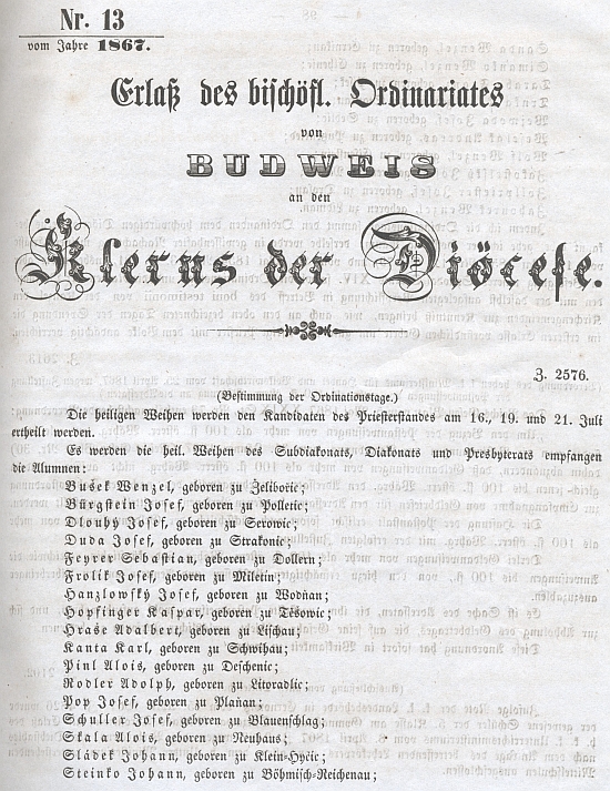 Titulní list diecézního věstníku se jmény novokněží v roce 1864 i s jeho jménem (spolu s ním byl toho roku vysvěcen, jak vidno, i Adolf Rodler)