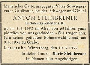 Parte jednoho ze Steinbrenerů, "šéfa knihtiskárny v.v.", který zemřel v červnu roku 1952 v dalekém Karlsruhe...