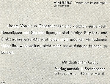 Oznámení vimperských tiskáren o zastavení dotisků modlitebních knih pro válečnou nouzi