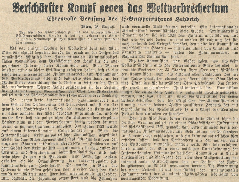 Tady podle článku o "zostřeném boji proti mezinárodnímu zločinu"(!) předává vedení Interpolu do rukou Reinharda Heydricha