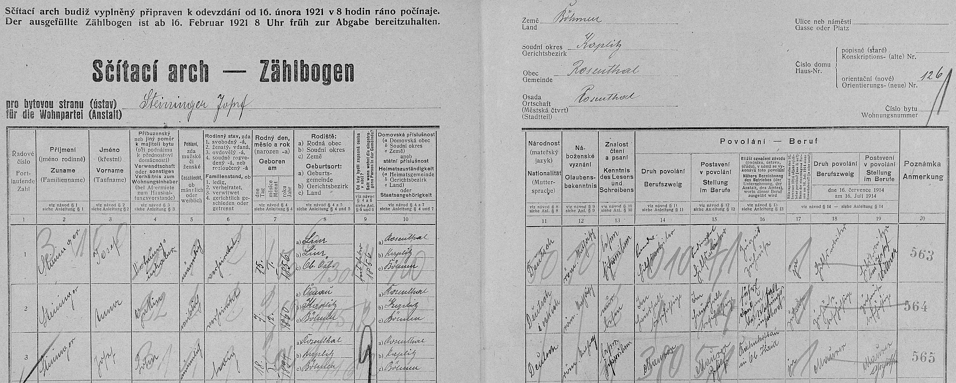 Arch sčítání lidu z roku 1921 pro stavení čp. 126 v Rožmitále na Šumavě s dosud neženatým otcem a jeho rodiči