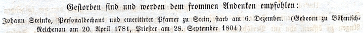 I zpráva o úmrtí v diecézním věstníku uvádí německé označení jeho rodiště jako "Böhmisch-Reichenau"