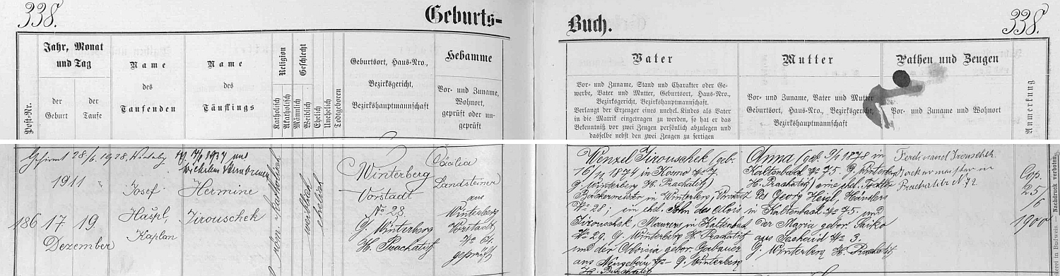 ... a o narození jeho ženy ve vimperské křestní matrice, oba s přípisem o svatbě
